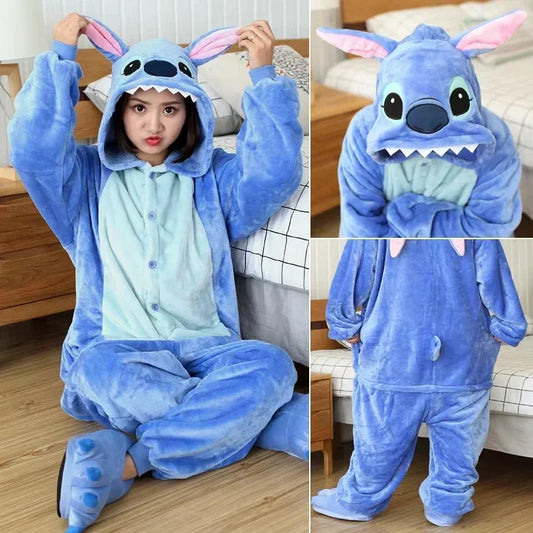 Disney Stitch Winter Adult Jumpsuit Men's and Women's Sleepwear Set Integrated Halloween Christmas Hooded Anime Jumpsuit-belleandkai.com