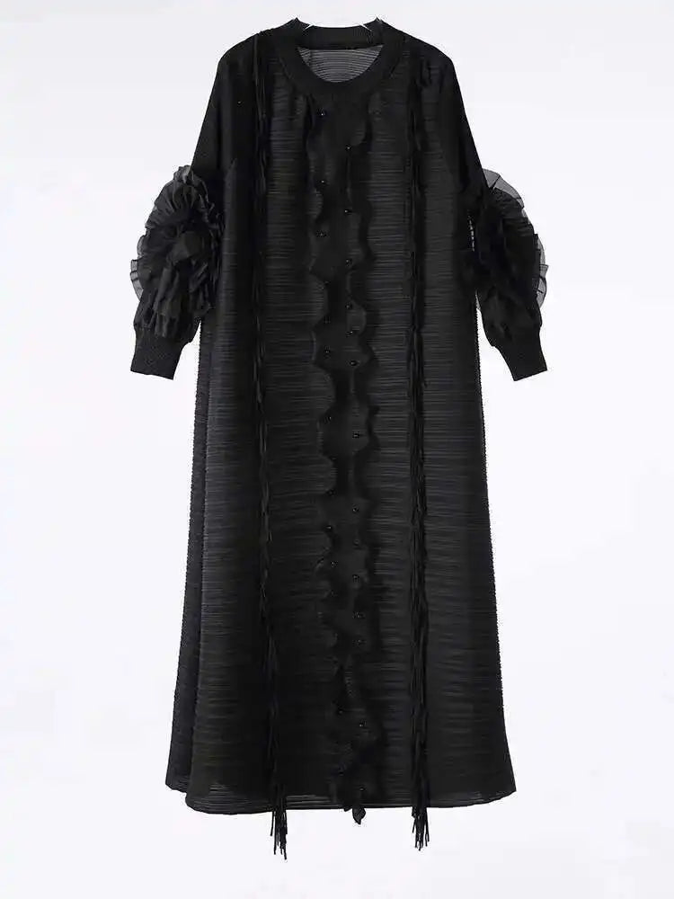 LANMREM Pleated Dress For Women V Neck Long Sleeves Solid Color Loose Big Size Female Elegant Clothing 2025 Spring New 2DB1281-belleandkai.com