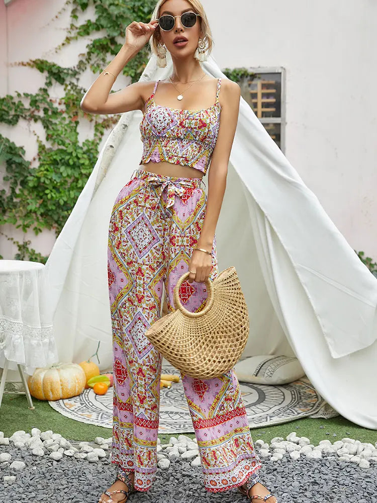 TRAFZA Summer Women Boho Two Piece Print Outfits Strap Sleeveless Tops High Waist Drawstring Trousers Holiday Beach Lady Sets-belleandkai.com