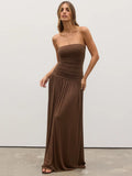 Mozision Off-shoulder Strapless Pleated Sexy Maxi Dress Women Fashion Backless Sleeveless High Waist Ruched Long Dress Elegant-belleandkai.com