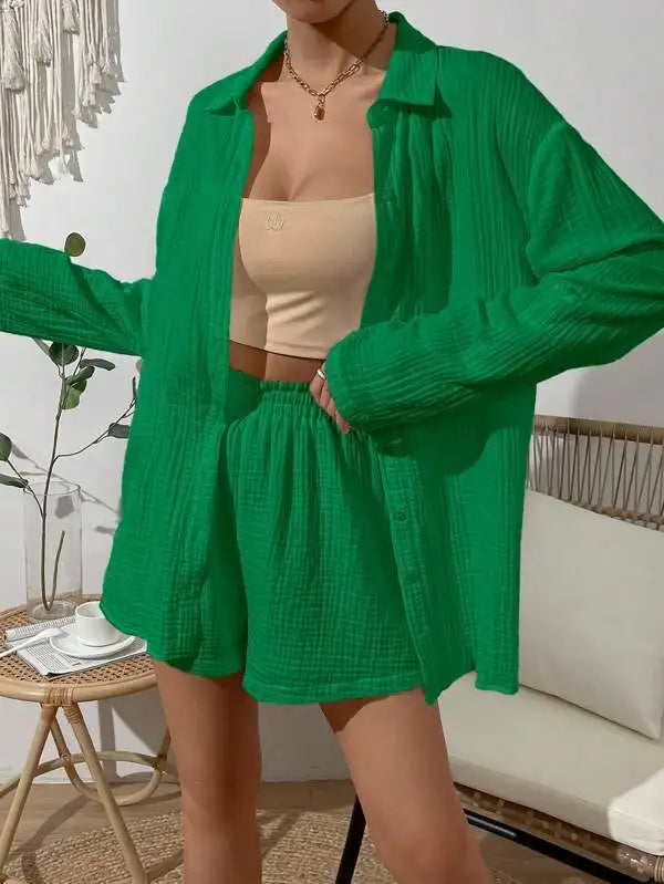 100% Cotton Gauze Muslin Sets For Women 2 Pieces Long Sleeve Shirts And Loose High Waist Mini Shorts Sets Ensemble Femme-belleandkai.com