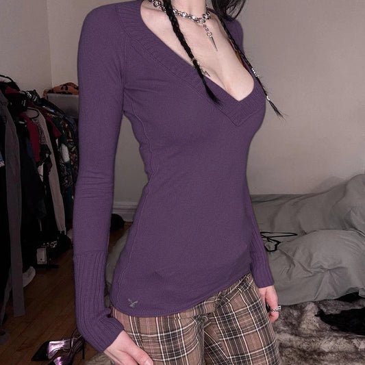 IAMHOTTY Basic Sweater Pullover Purple Solid Color Slim-fitting V-neck Knitted Top Fall Winter Retro Knitwear Casual Streetwear-belleandkai.com