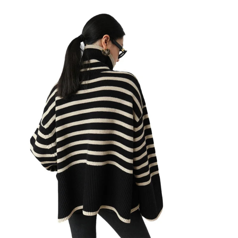 Women's Striped Turtleneck Sweater2023New Autumn and Winter Loose Design Niche Knitwear Pullover Coat-belleandkai.com