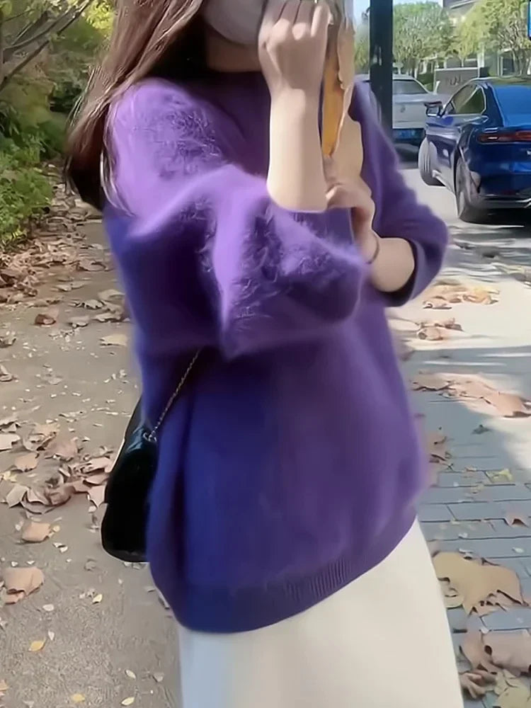 Purple Sweater Top Women's Autumn  Winter Plush Fluffy Soft Loose Hair Pullover Sweater Jumper Streetwear Y2k-belleandkai.com