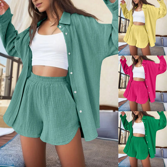Elegant Summer Women's Two Pieces Suit Women's Casual Chic Long Sleeve Shirt & Short Set Matching Streetwear Casual Outfits-belleandkai.com