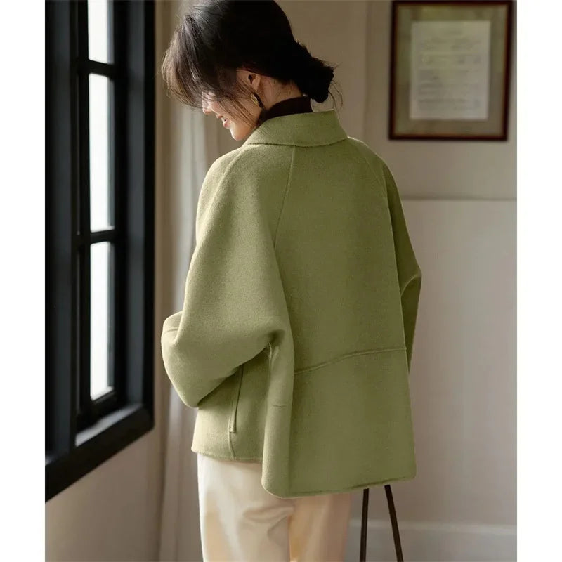 Long Sleeves Wool Blend Female Outwear Korean Large Size 4XL Woolen Short Ladies Jacket Winter Flip Collar Woolen Women Coat-belleandkai.com