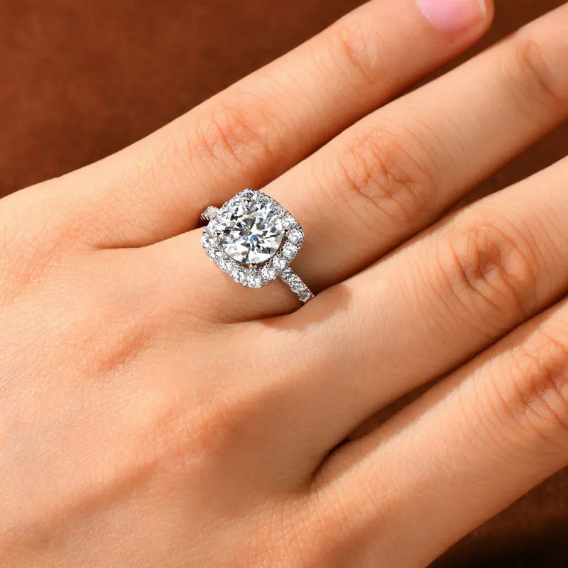 Anziw Real 2CT 8mm Round Moissanite Square Ring 925 Sterling Silver Luxury Brilliant Diamond Wedding Finger Rings Band For Women-belleandkai.com