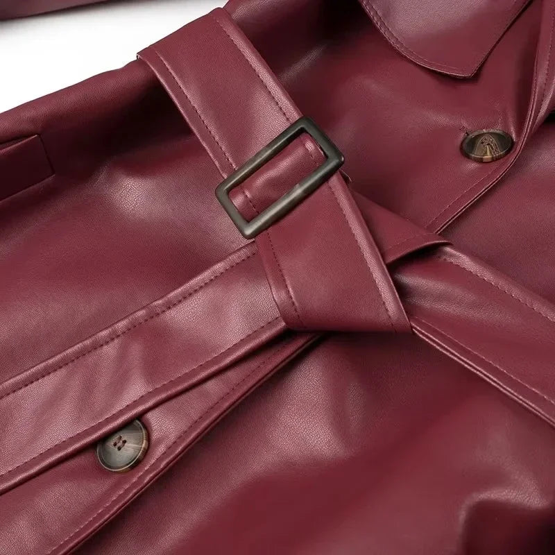 2025 Women New Fashion With Belt Long style Single Breasted Faux Leather Coat Vintage Long Sleeve Pockets Female Outerwear-belleandkai.com