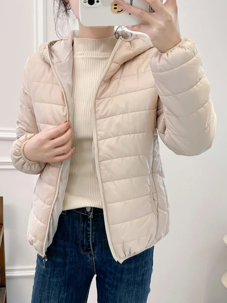 Minimalist Light Weight Women Down Cotton Jackets 2024 New Winter Korean Style Hooded Quilted Parkas Female Windbreaker Outwear-belleandkai.com