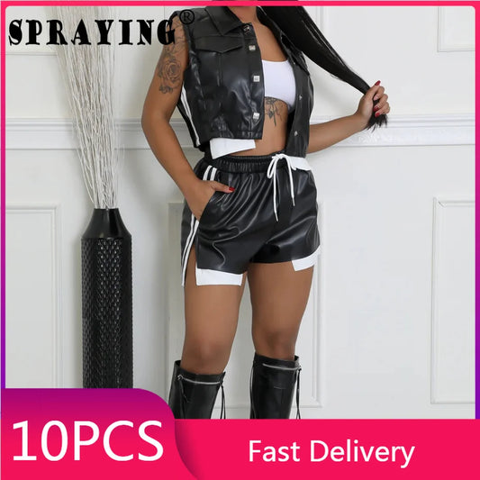 10pcs Shorts Suit Sexy Short Sets for Women 2 Pieces 2025 Spring Fashion Sleeveless Outfits Bulk Items Wholesale Lots S12275_1-belleandkai.com