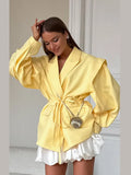 Lace Up Waist Cinched Suit Jacket Coat Blazer Shoulder Pad Strap Commuter Women Mid Length Overcoat Professional Formal Attire-belleandkai.com