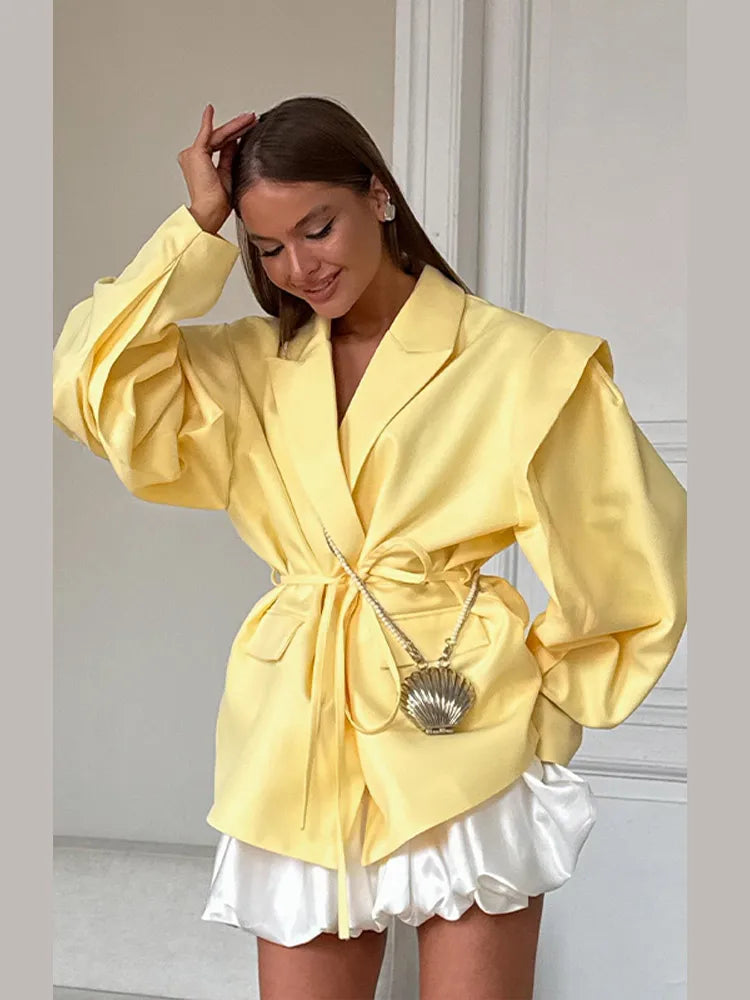 Lace Up Waist Cinched Suit Jacket Coat Blazer Shoulder Pad Strap Commuter Women Mid Length Overcoat Professional Formal Attire-belleandkai.com