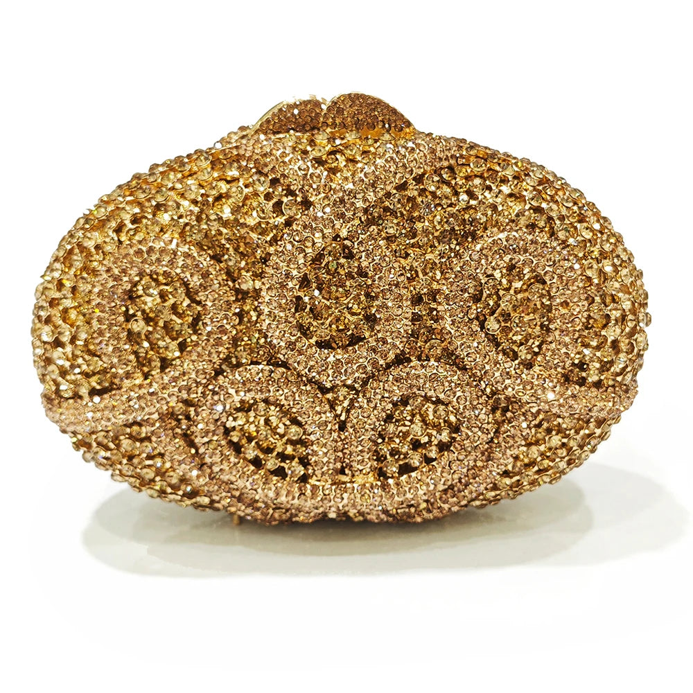 Gold Diamond Flower Evening Clutch Purse Oval Shape Rhinestone Crystal Wedding Bridal Clutches Luxury Phone Handbags-belleandkai.com