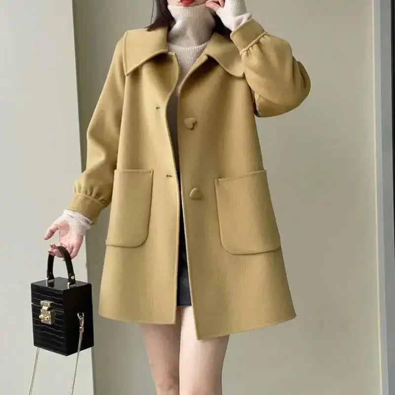 Autumn Winter New Style Slimming Long Coat with Heart Buckle Doll Collar Knitted Outerwear for Women Chinese Brand AE Stock-belleandkai.com