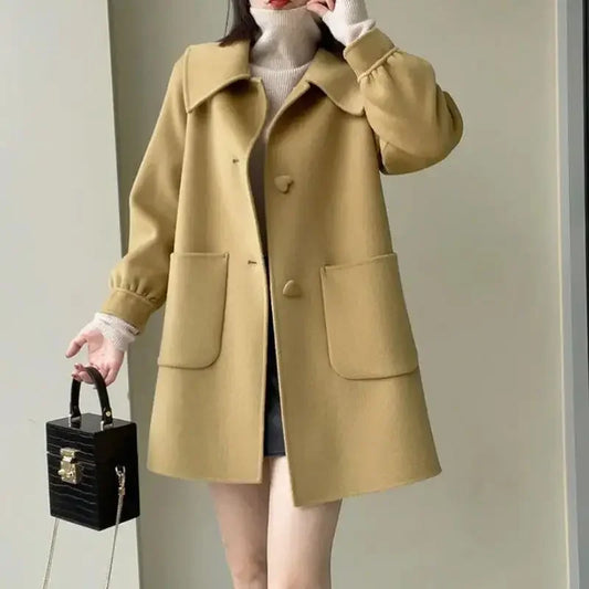 Autumn Winter New Style Slimming Long Coat with Heart Buckle Doll Collar Knitted Outerwear for Women Chinese Brand AE Stock-belleandkai.com