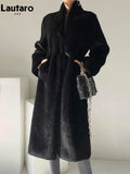 Lautaro Winter Long Black Luxury Elegant Stylish Thick Warm Fluffy Hairy Soft Faux Mink Fur Coat Women Stand Collar Sashes 2023-belleandkai.com