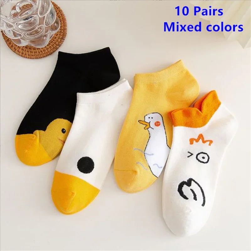 10 Pairs Cartoon Women Socks Fashionable And Versatile Cute Design Funny Goose Breathable Soft Comfortable Women Casual Socks-belleandkai.com