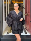 2025 Antumn Women's Outfits Solid Elastic Wide Shorts And Lace Up Tassels V-neck Full Sleeves Shirt Female High Street New Suits-belleandkai.com