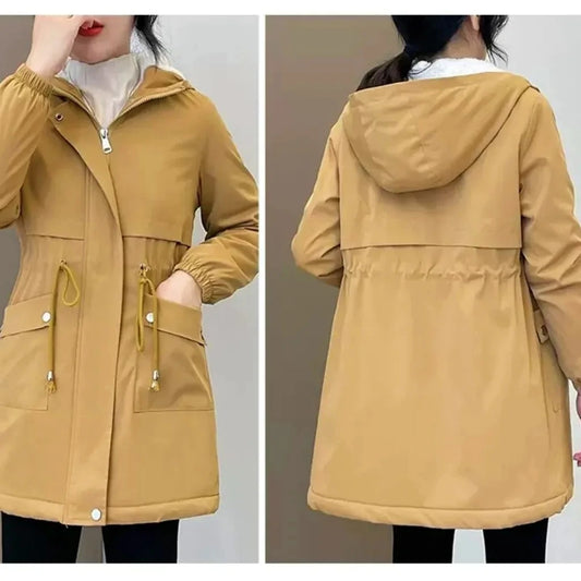Women Windbreaker Jackets 2025 New Autumn Winter Mid-Length Loose Coat Hooded Lace-up Female Jacket Plus Velvet Warm Outwear Fe-belleandkai.com