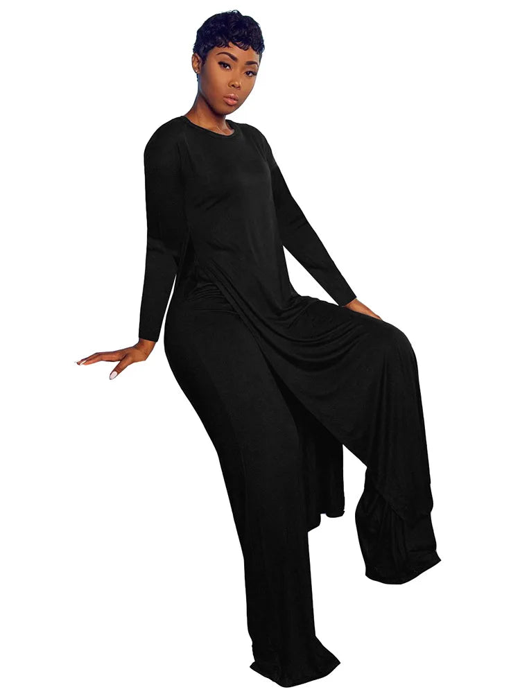 CM.YAYA Solid Classic Women's Set Long Sleeve High Slit X-long Tee Top Straight Pant Suit Tracksuit Fitness Two 2 Piece Outfits-belleandkai.com