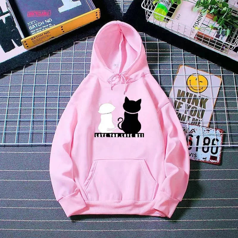 Women's Fleece Lined Hoodie Casual Cartoon Cat Print Oversize Loose Fit Autumn Winter Top Fashion Comfortable Streetwear-belleandkai.com