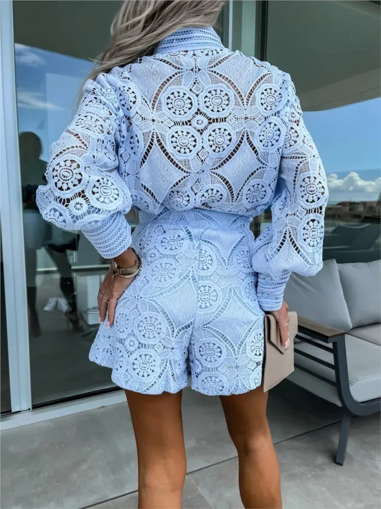 Vintage White Lace Shirt Shorts Sets Women Spring Summer Long Sleeve Button Top Shorts 2 Piece Set Elegant Party Outfits Femme-belleandkai.com