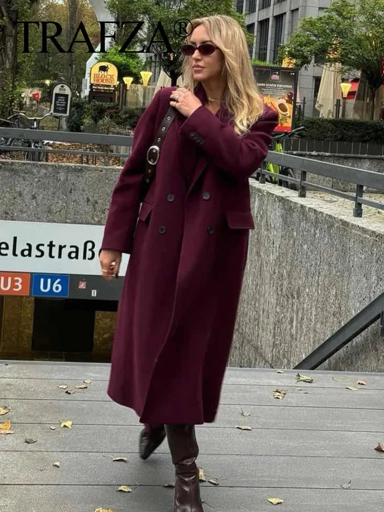 TRAFZA 2025 Fashion Women Burgundy Woolen Coat Double Breasted Long Sleeve Lapel Blends Jacket Female Autumn Winter Windbreaker-belleandkai.com