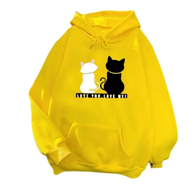 Women's Fleece Lined Hoodie Casual Cartoon Cat Print Oversize Loose Fit Autumn Winter Top Fashion Comfortable Streetwear-belleandkai.com