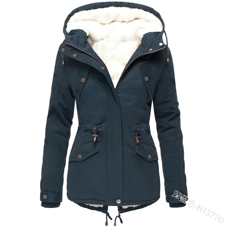 Women's Winter Jacket Warm Solid Plush Thickened Long Winter Coat Outdoor Hiking Hooded Casual Windproof Parka Coat Overcoat-belleandkai.com