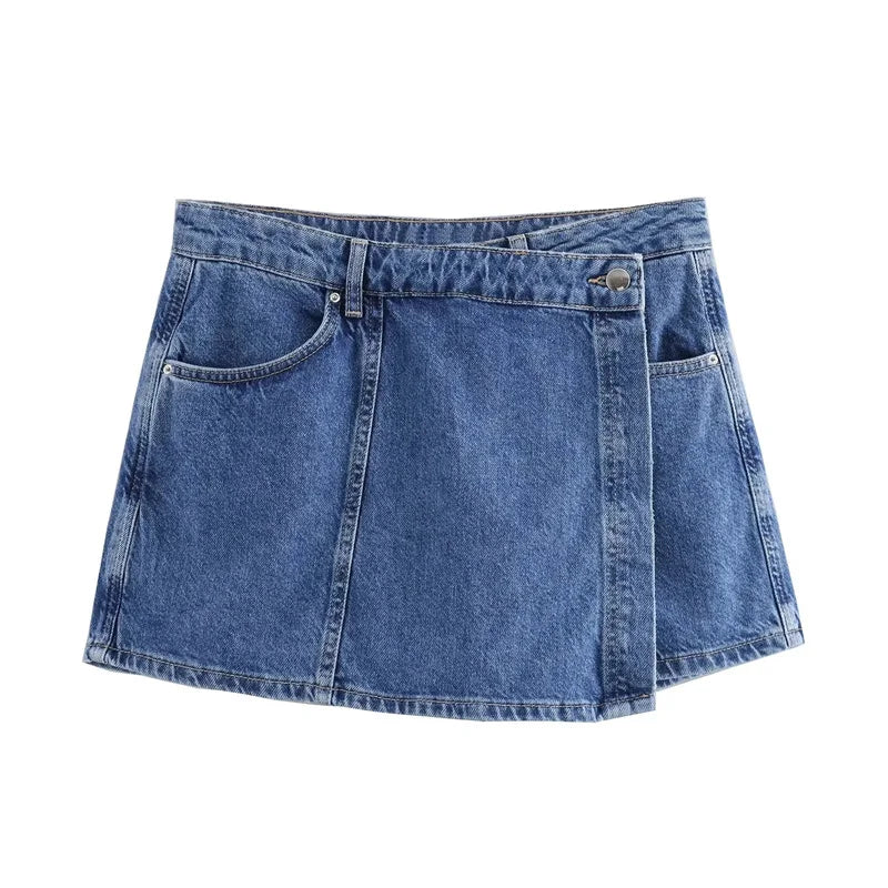 TRAF Blue Denim Shirt Woman Short Sleeve Cropped Shirt Women Summer Short Tops Woman Streetwear Y2k Stylish Women's Blouse-belleandkai.com