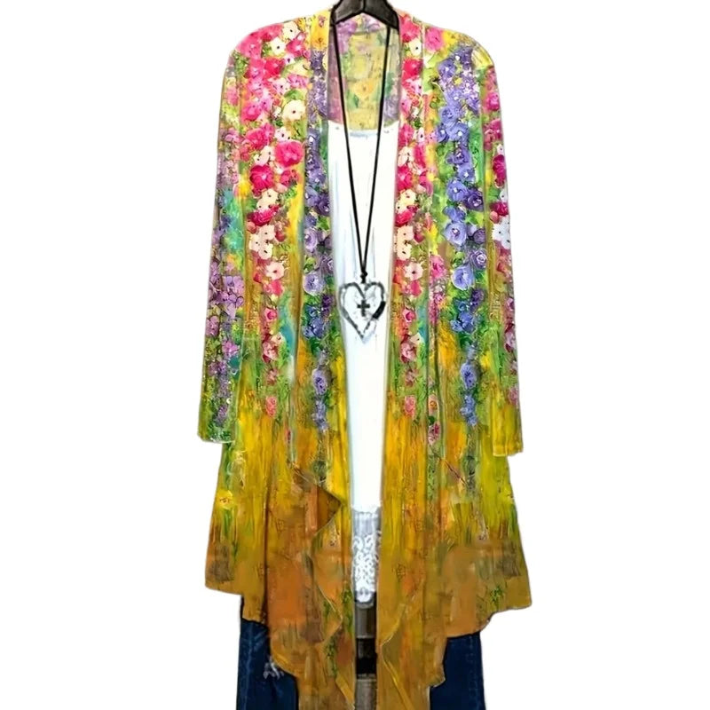 Plus Size 1XL-5XL Spring Summer Women's Fashion Cardigan Jacket Women Casual Flower Print Long Sleeve Open Loose Outwear Coat-belleandkai.com