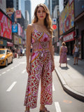 TRAFZA Summer Women Boho Two Piece Print Outfits Strap Sleeveless Tops High Waist Drawstring Trousers Holiday Beach Lady Sets-belleandkai.com