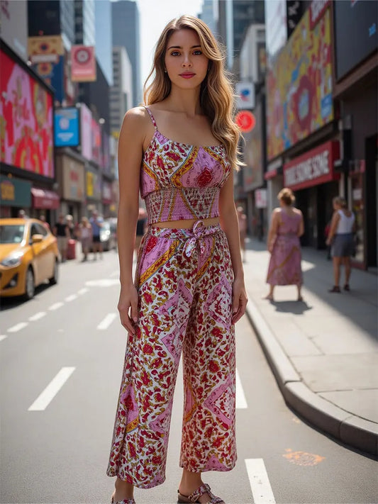 TRAFZA Summer Women Boho Two Piece Print Outfits Strap Sleeveless Tops High Waist Drawstring Trousers Holiday Beach Lady Sets-belleandkai.com