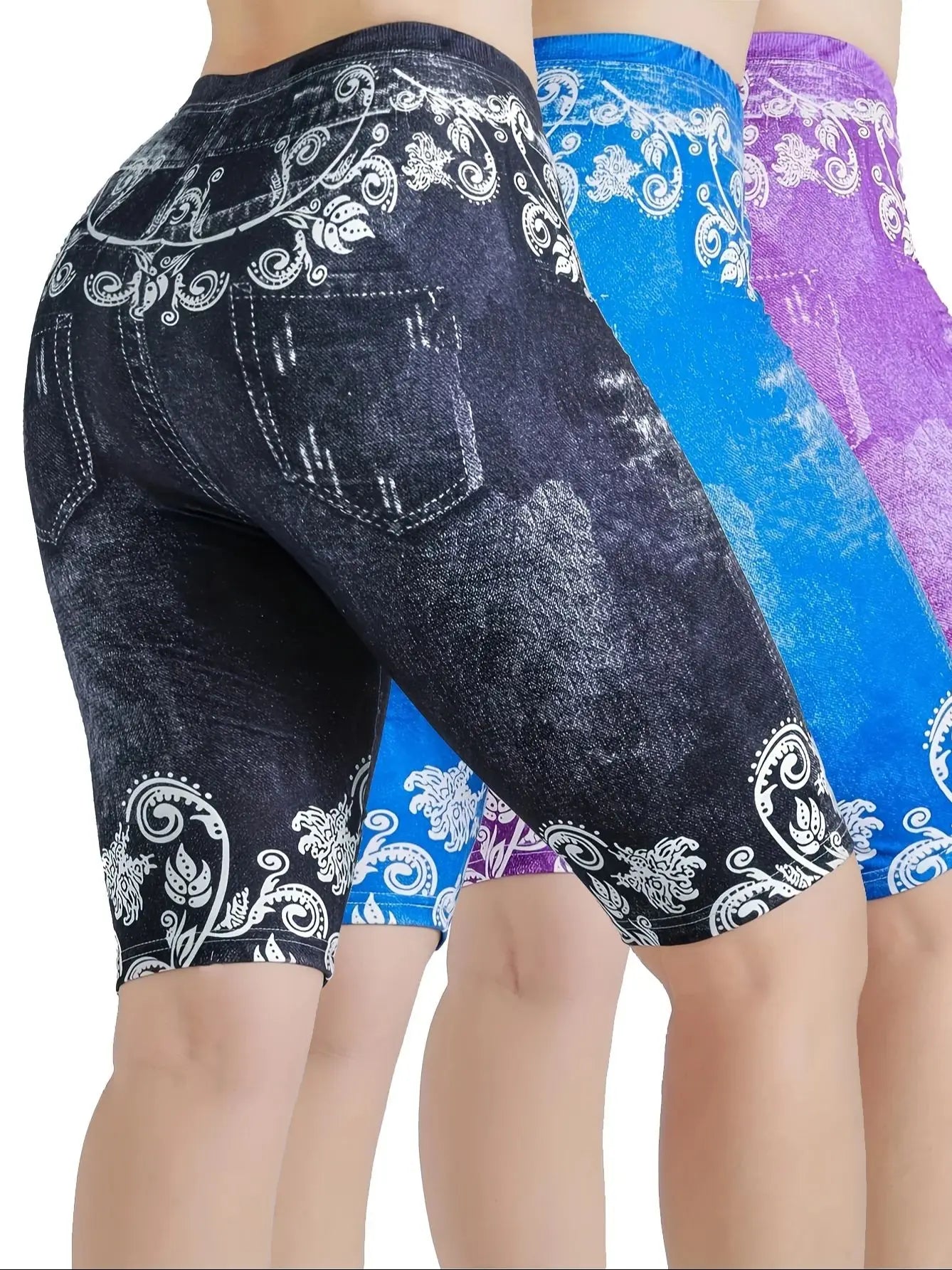 3 Piece Set Of Lmitation Denim Leggings For Women Butterfly Waist Fruit Flower Elastic Shorts High Waist Casual-belleandkai.com