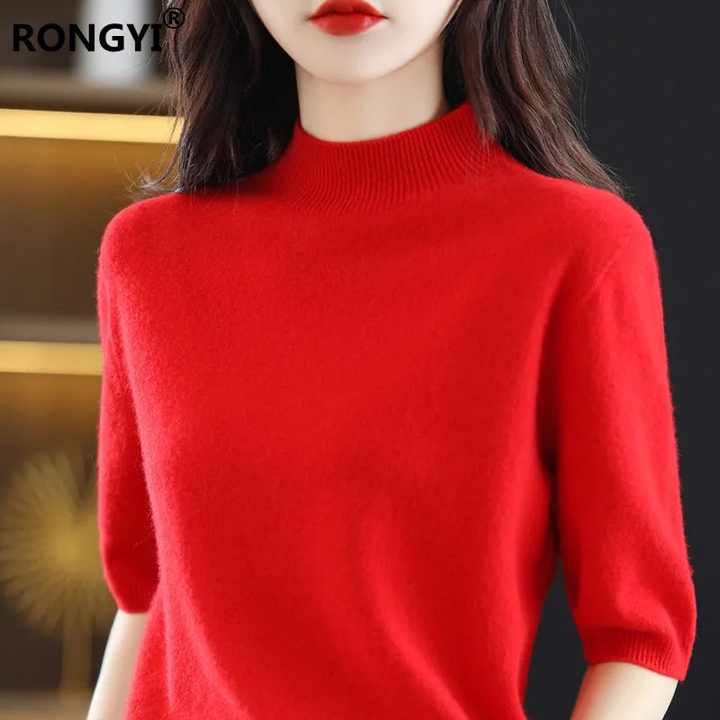 RONGYI Seamless Cashmere Sweater Knitted Women's Clothing 100% Pure Wool Short-Sleeved 2022 Spring Five-Quarter Sleeve  Pullover-belleandkai.com