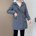Women Windbreaker Jackets 2025 New Autumn Winter Mid-Length Loose Coat Hooded Lace-up Female Jacket Plus Velvet Warm Outwear Fe-belleandkai.com
