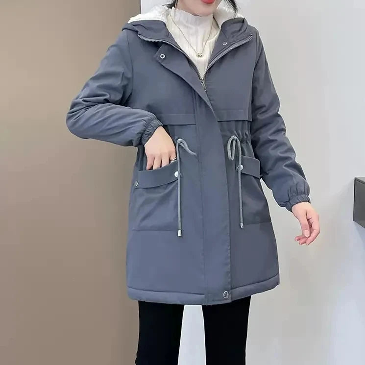 Women Windbreaker Jackets 2025 New Autumn Winter Mid-Length Loose Coat Hooded Lace-up Female Jacket Plus Velvet Warm Outwear Fe-belleandkai.com