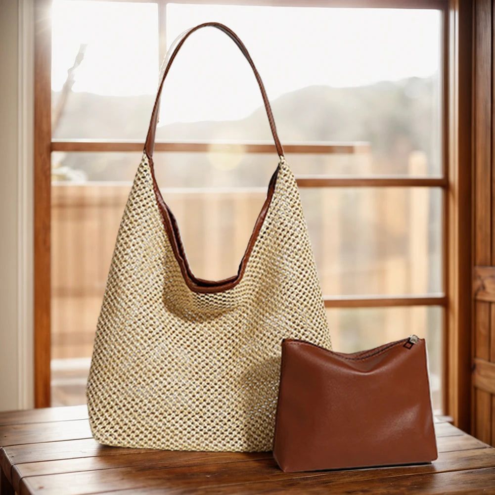 Straw Tote Bag for Women Large Capacity Woven Shoulder Bag with PU Purse Beach Summer Bag Clutch Purse for Vacation Travel-belleandkai.com
