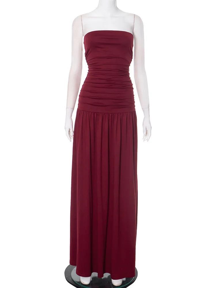 Mozision Off-shoulder Strapless Pleated Sexy Maxi Dress Women Fashion Backless Sleeveless High Waist Ruched Long Dress Elegant-belleandkai.com