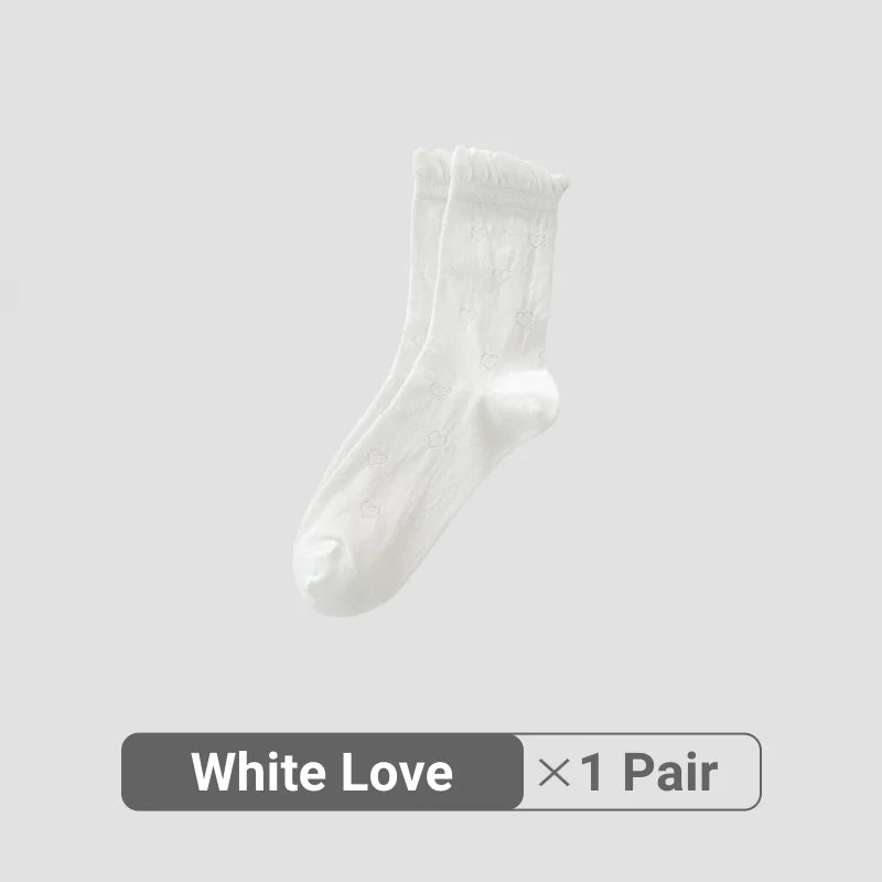 Women White Cream Lace Stackable Mid Calf Socks Bow Heart Star Design K-Style Spring Summer Thin Socks-belleandkai.com