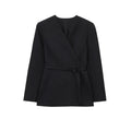 TRZA Women's Chic V-Neck Blazer Coat with Belt Long Sleeve Snap-Button Fashion Outerwear Top-belleandkai.com