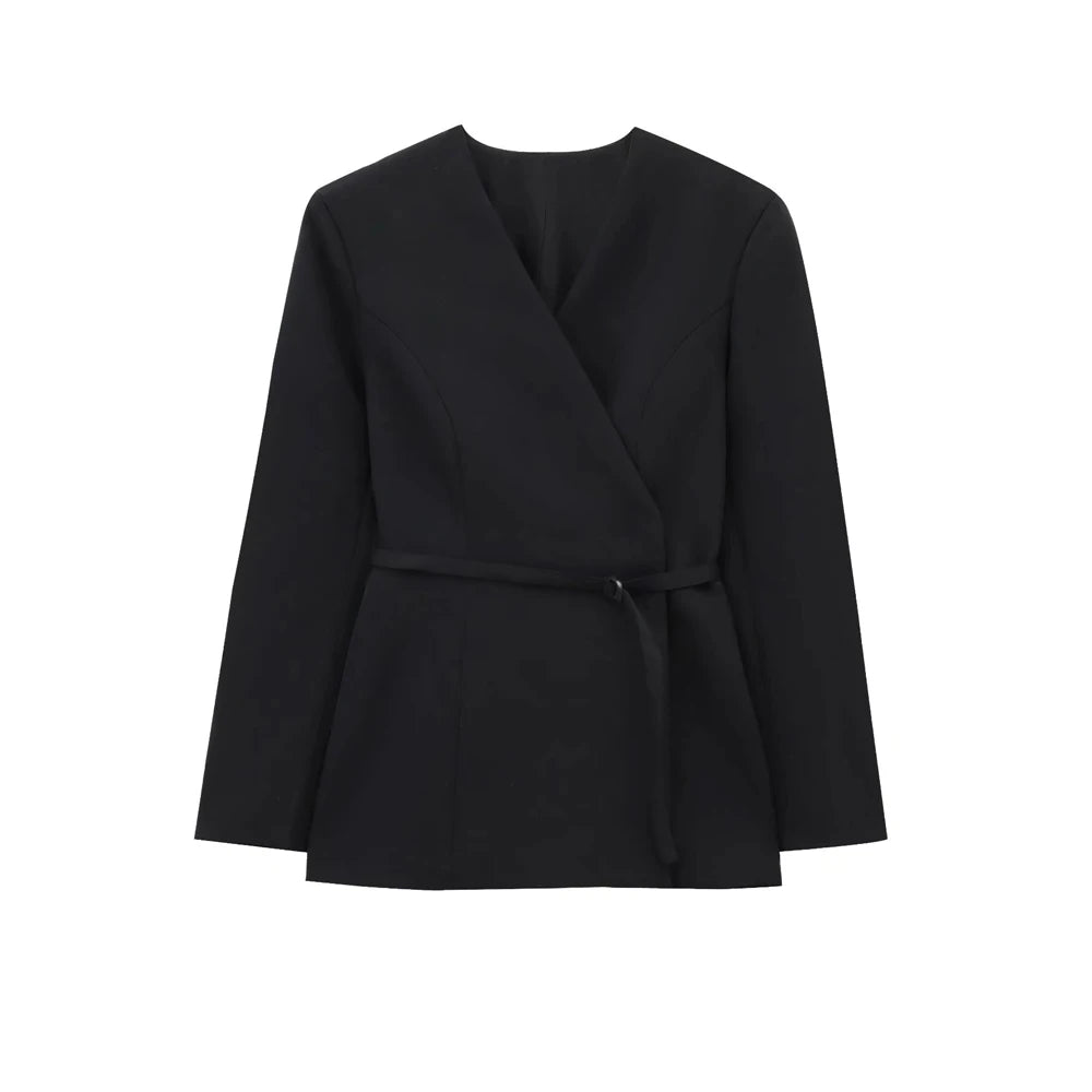 TRZA Women's Chic V-Neck Blazer Coat with Belt Long Sleeve Snap-Button Fashion Outerwear Top-belleandkai.com