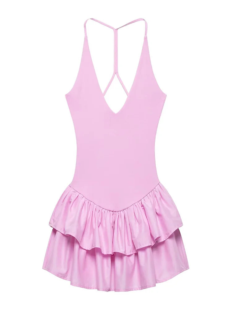 TRAF Women's Deep V-neck Sleeveless Sling Mini Dress Temperament Sexy Splicing Neck Short Backless Dress Elegant Women's Fashion-belleandkai.com