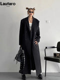 Lautaro Spring Autumn Long Grey Black Trench Coat for Women Double Breasted Loose Casual Korean Fashion Clothing Blazer 2023-belleandkai.com