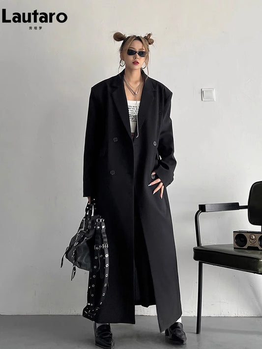 Lautaro Spring Autumn Long Grey Black Trench Coat for Women Double Breasted Loose Casual Korean Fashion Clothing Blazer 2023-belleandkai.com