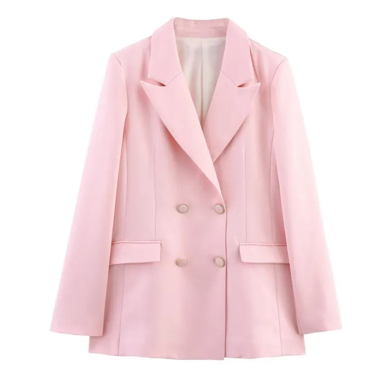 Fashion Yellow Blazer Woman Elegant Chic Pockets Double Buttons Long Sleeve Loose Coat 2025 New spring Office Lady Solid Suits-belleandkai.com
