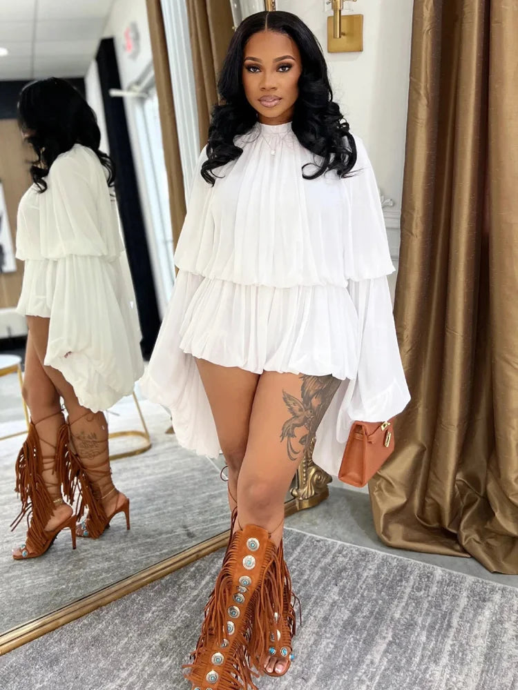 Beyprern New Chic Pink Ruffles Tierred Mesh Romper Cute Girls Batwing Sleeve Ruched Short Jumpsuit Loose Overalls Night Clubwear-belleandkai.com