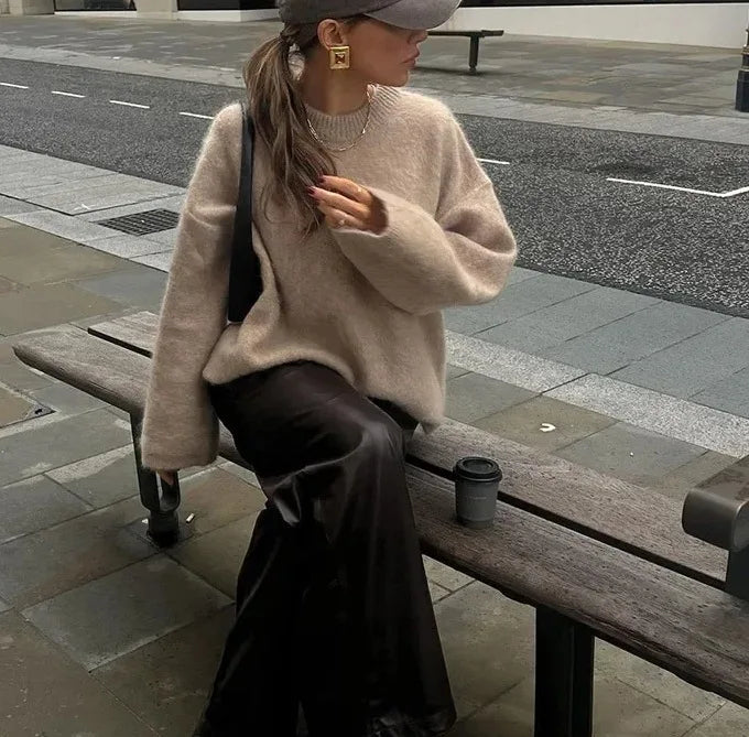 Vintage O-neck Sweater For Women Casual Long Sleeved Loose Knitwear Pullover 2024 New Winter Female High Streetwear Jumper Tops-belleandkai.com