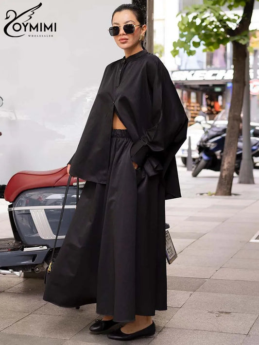 Oymimi Fashion Black Two Piece Set For Women Casual O-Neck Long Sleeve Button Shirts And High Waist Loose Pockets Trousers Sets-belleandkai.com