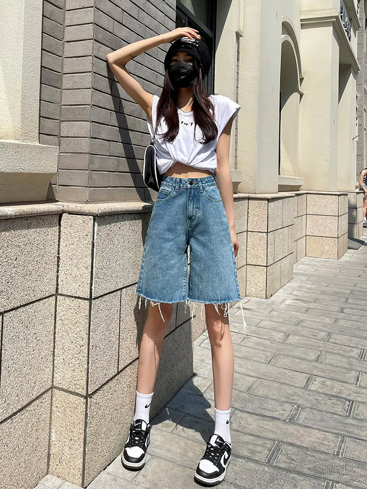 DFRCAEG 2025 Summer Jean Shorts Women Street Wear High Waist Burrs Wide Leg Half Length Bermuda Denim Shorts Woman Hot Sale-belleandkai.com